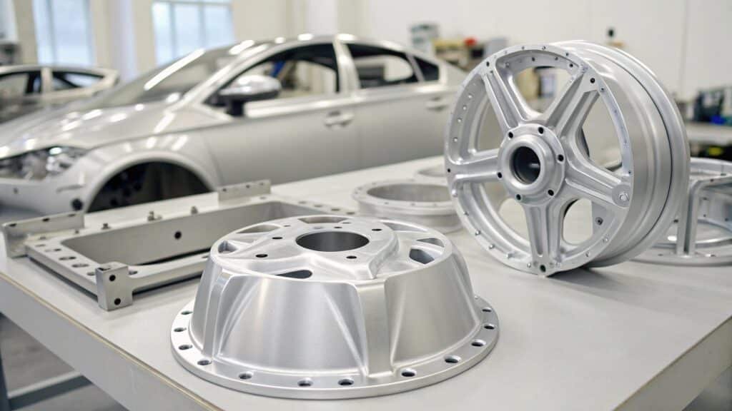 An exploded view of a car chassis showing different parts color-coded: forged 6061 for suspension, 5xxx series for body panels, and 7xxx for bumper beams.